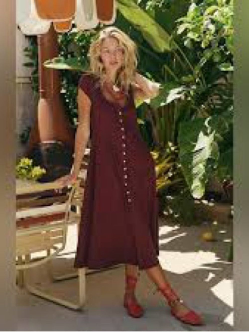 FP Beach Free People New In Town Ribbed Button Front Midi Dress Burgundy L